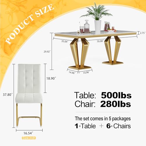 7 Piece Luxury Dining Room Set (Gold White + White / Dining Table + 6 U-shape Chair)
