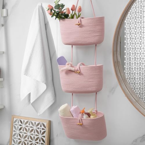 Over the Door Hanging Baskets with Button Strap (Pink / 3 tier+Button)