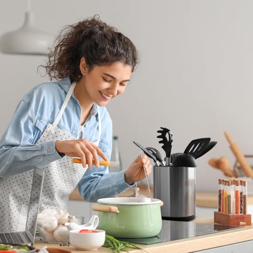 Kitchen Utensil Holder for Countertop 360° Rotating Utensil Caddy Extra Large Utensil Crock Cooking Utensil Holder for Kitchen Counter (Silver and Black)