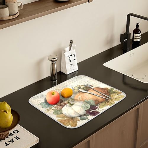 Autumn Pumpkin Fall Leaves Thanksgiving Dish Drying Mat for Kitchen Counter Absorbent Microfiber Large Drying Pad Dish Mats for Kitchen Countertops 18 x 24 Inch (24" x 18")