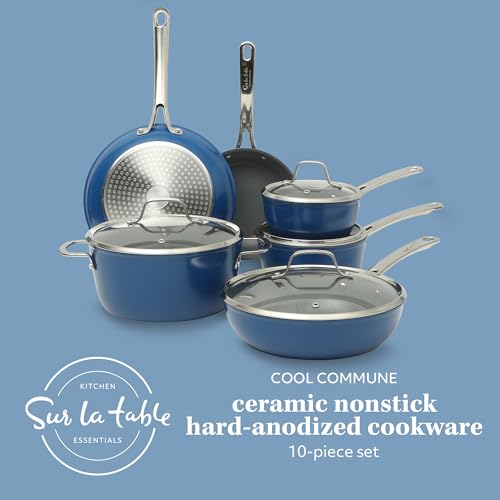 Kitchen Essentials Cool Commune Hard Anodized 10 Piece PFA Free Ceramic Non stick Interior Forged Durable Aluminum Pots and Pans Cookware Set (10-Piece Cookware Set (Hard Anodized Aluminum) / Blue (Hard Anodized Aluminum))