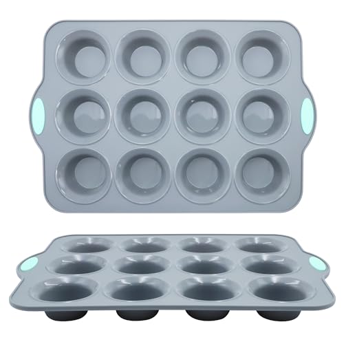 2Pack Silicone Muffin Pan with Metal Frame (2-Pack 12-Cup 3.14-Inch Muffin Pan / Light Grey)