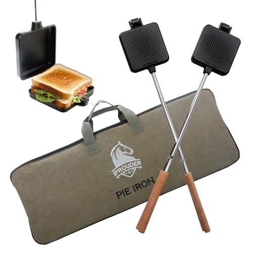 Campfire Pie Iron 4.9" Large Cast Iron Sandwich Maker for Camping 2 Pcs with Storage Bag (Adjustable Handle 2 Pcs)