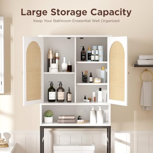 Rattan Over Toilet Storage Cabinet with Metal Stand (White)