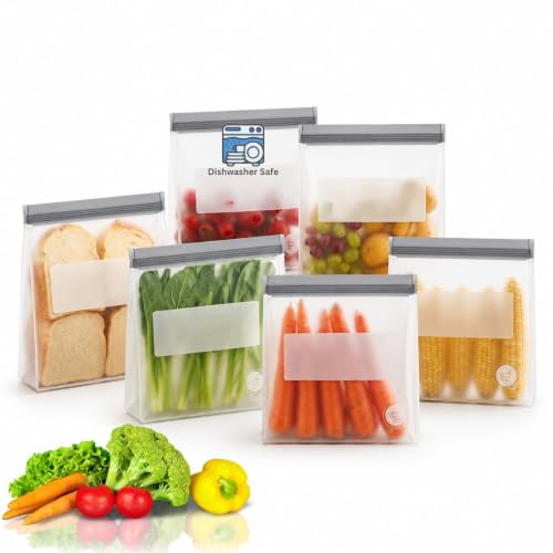 Reusable Food Storage Bags (6 Pack of 6 Gallon Bags (Grey))