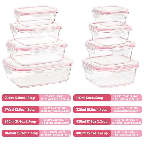 8 Pack Glass Food Storage Containers with Airtight Lids (Pink)