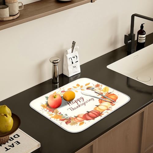 Pumpkin Happy Thanksgiving Dish Drying Mat for Kitchen Counter Absorbent Microfiber Small Drying Pad Dish mats for Kitchen Countertops 16 x 18 Inch (Thanksgiving Happy / 18" x 16")