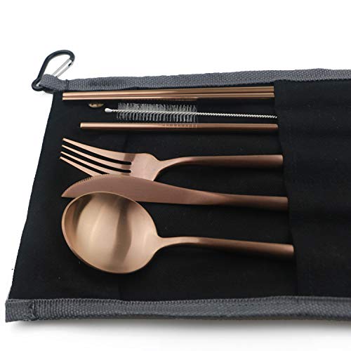 Portable 6 Pieces Flatware Set (Black Pouch / Rose Gold)