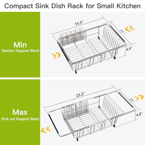 Stainless Steel Dish Drying Rack in Sink with Metal Utensil Holder (Silver / For 12"-30"w Sink, with Metal Utensil Holder)
