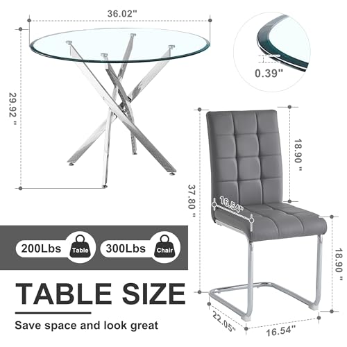 5 Piece Round Glass Dining Table Set (Round Table - 4 Silver Grey Chairs)