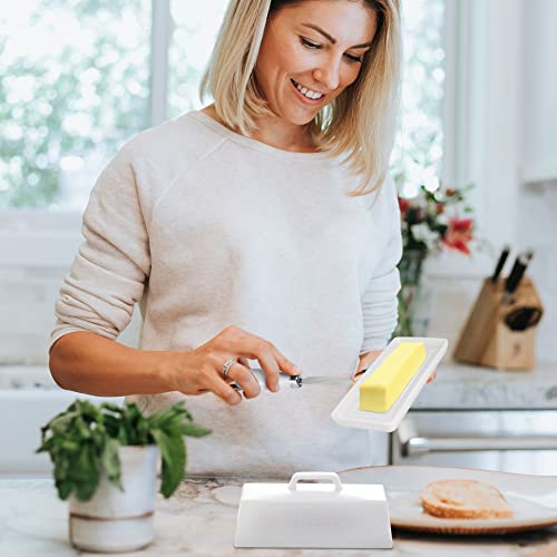 Ceramic Butter Dish Set with Lid and Knife (White)