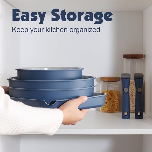 17 Piece Ceramic Detachable Handle Pots and Pans Set Navy (Navy / 17 Piece)