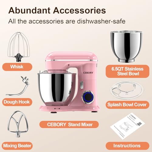 3-IN-1 Electric Stand Mixer, 6.5QT Bowl 660W 10-Speed Kitchen Mixer, Household Food Mixers include Dough Hook, Beater and Whisk, Bread Cake Mixer for Baking and Most Home Cooks, Pink (Pink)