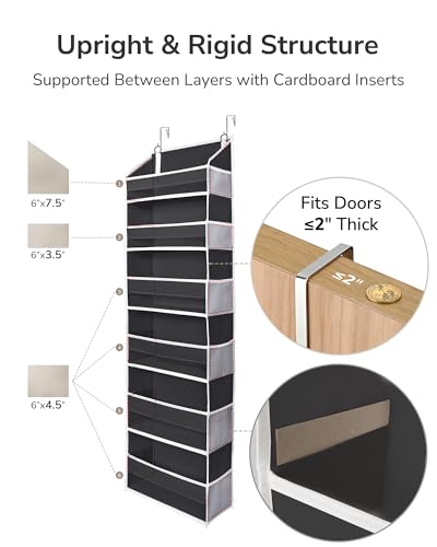 2Pack Over The Door Organizer with 6 Large Pockets 12 Side Pockets Door Hanging Organizer Black Door Hanging (Black / 2 Pack-6 Tier)
