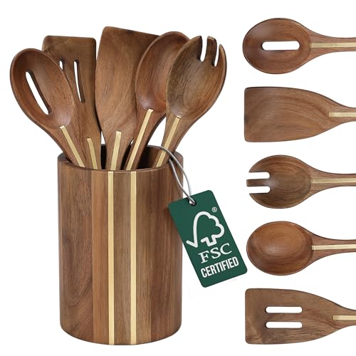 Acacia Utensil Set of 5 with Holder (Acacia Classic Kitchen Set)