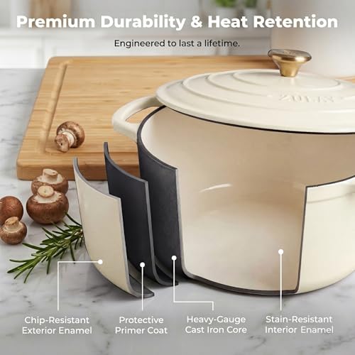 6.4QT Enameled Cast Iron Dutch Oven Pot with Lid (Ivory / 6.4 Quart)