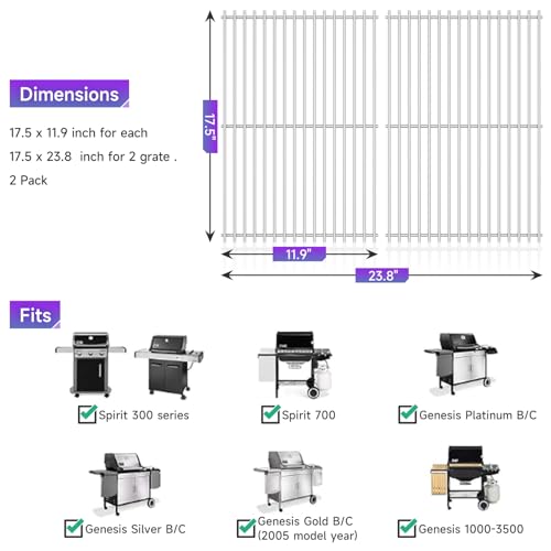 17.5'' x 23.8'' Stainless Steel Grill Cooking Grates for Weber (17.5‘’D x 23.8''W)