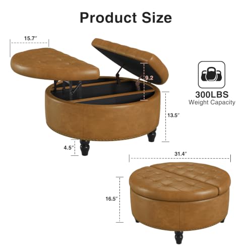 31.5 Inch Large Round Ottoman with Storage Circular (Camle)