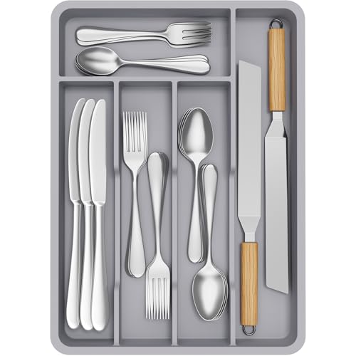 Silverware Drawer Organizer Tray (Gray / 9.5 x 13.4 inch (5 Slots))