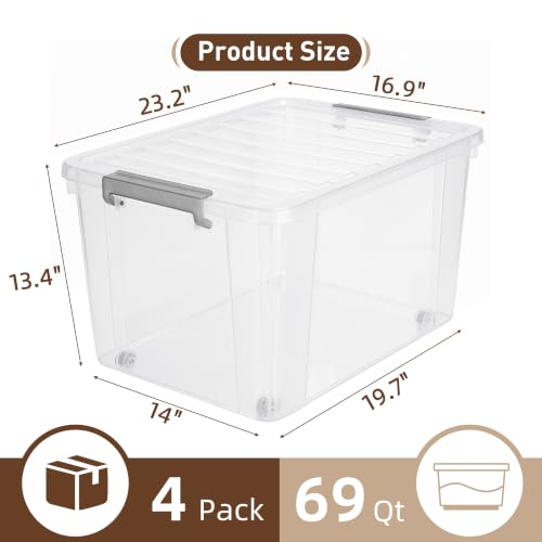4 Pack 69 QT Clear Plastic Storage Bins with Latching Lids (Clear White / 4 PCS-69 QT)