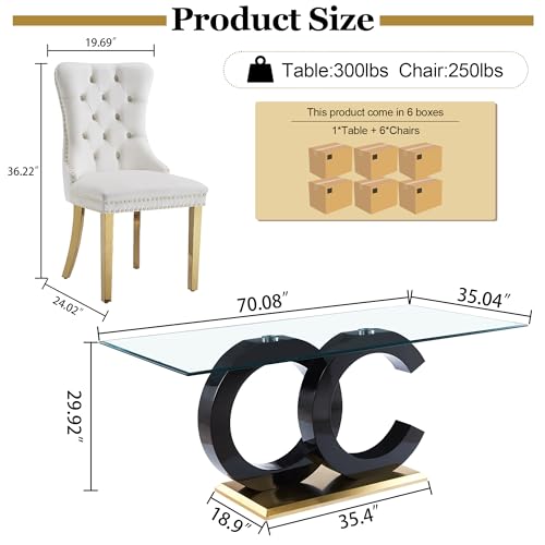 7 Piece Glass Dining Table Set for 6 (Black Table & Gold White Chair / 7-Piece Set-OC-Shaped Table)