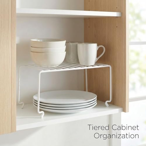 4-Pack Small (10.8x5.3inch) White Stackable Shelf Organizer Rack, Wire Shelf Rack for Kitchen Cabinet, Pantry, Desk Organization and Storage, Rustproof (Small Stackable / 4-PACK)