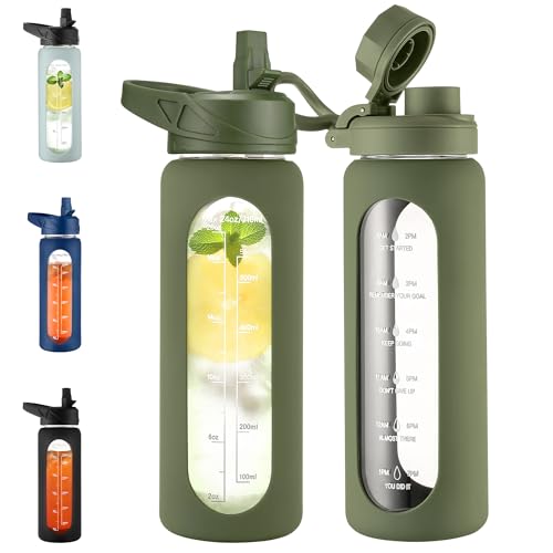 24 oz Glass Water Bottle with Straw (.Army Green / 24 Ounces)