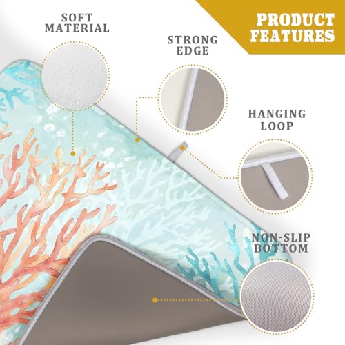 Coastal Coral Dish Drying Mat Beach Ocean Drainer Rack Mat 18x24 Inch Microfiber Absorbent Reversible Dish Dry Pad for Kitchen Counter Sink (Pink Coastal Coral / 18" x 18")