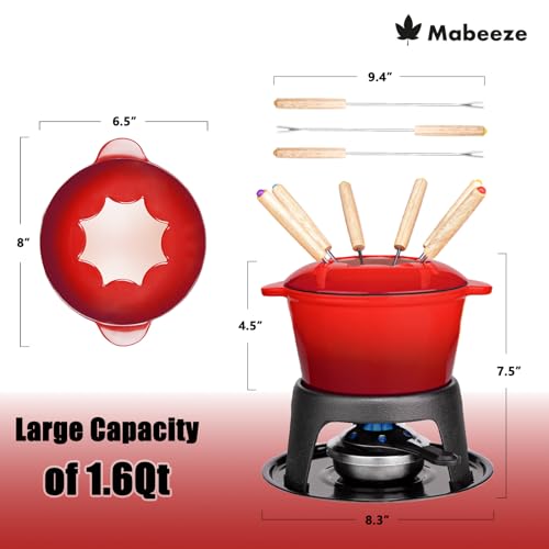 Cast Iron Fondue Pot Set Red Enameled 1.6 Qt for Cheese