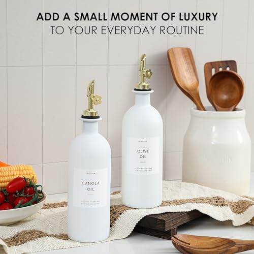 Olive Oil Dispenser for Kitchen (16oz-White&Gold Spout+Tray / 16 fl oz)