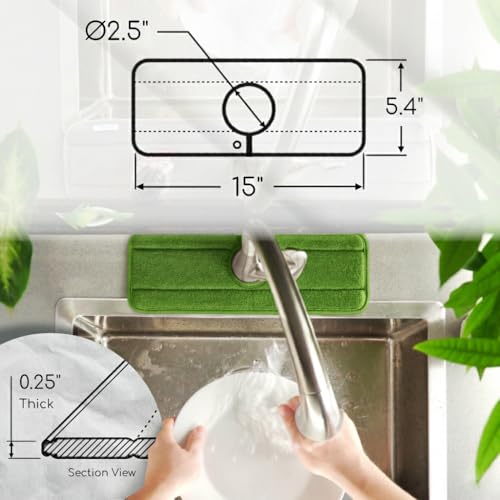 Original SINKMAT 15in Faucet Splash Guard Extra Long Microfiber Sink Drip Catcher Mat Non Slip Countertop Protector Drying Pad Kitchen Bathroom RV Machine Washable [Moss Green] (15" x 5.4")