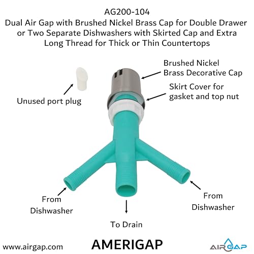 Dual Air Gap with Brushed Nickel Brass Cap for Double Drawer or Two Separate Dishwashers with Skirted Cap and Extra Long Thread for Thick or Thin Countertops (AG200-104)