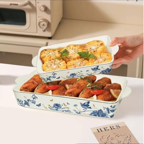 Baking Pans Set of 2 Blue flower 14 inch Ceramic for Oven Large Casserole Baking Dish Set with Handles Porcelain Bakeware Sets Casserole Dish for Oven