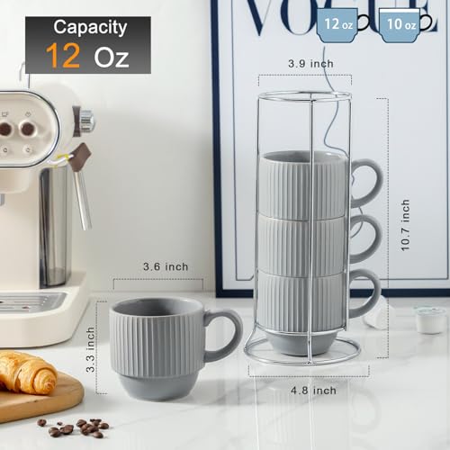 Stackable Coffee Mugs With Stand (Gray / 12 Ounces)