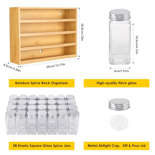 Bamboo Spice Rack Organizer With 28 Glass Spice Jars 4 oz (Bamboo Natural Color)