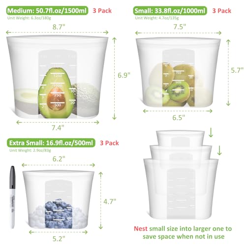 100% Silicone Reusable Storage Bag (Translucent | M+S+XS | 9 Pack)