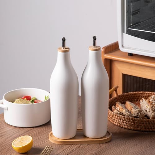 Sweejar Matte Ceramic Olive Oil Dispenser Bottles with Bamboo Tray (White & Tary / 17 Oz (Pack of 2))