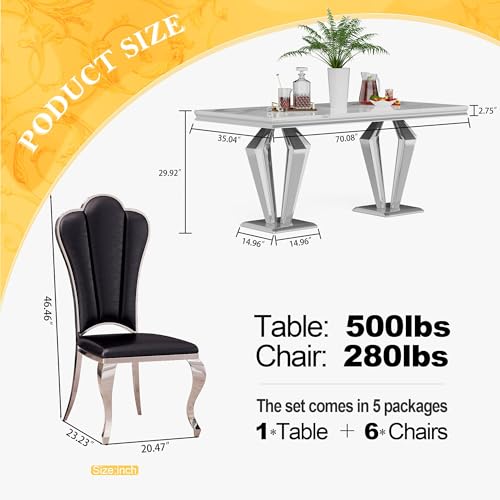 7 Piece Luxury Dining Room Set (Silver White + Black / Dining Table + 6 Petal Chairs)