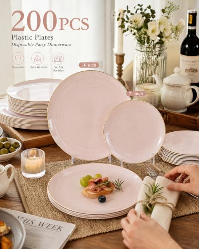 200Pieces Pink Plastic Plates (Pink / 200 PCS)