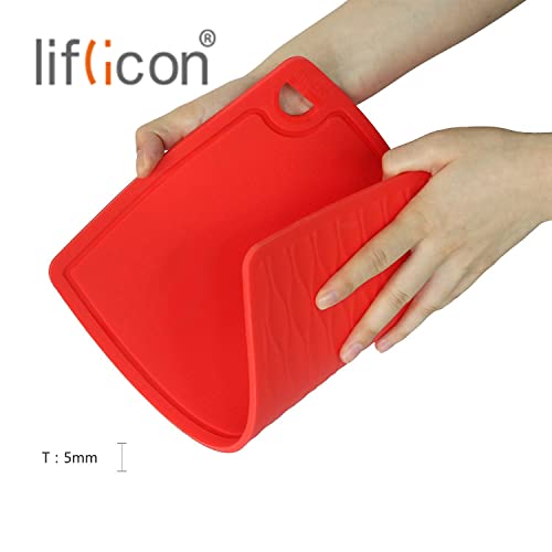 Thick Silicone Cutting Board 12.6'' x 9.1'' Juice Grooves Easy Grip Handle Dishwasher Safe (12.6"L x 9.1"W / Red)