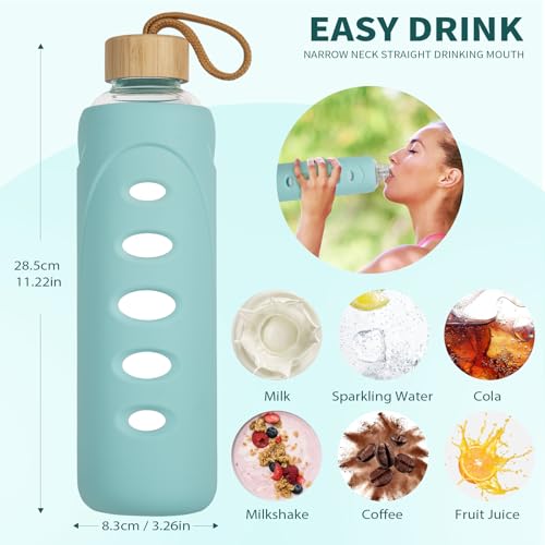 32 oz Narrow Mouth Glass Water Bottle with Windowed Silicone Sleeve (Cyan)