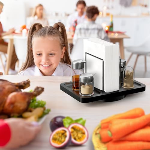 Rotating Napkin Holder for Table with Salt Pepper Shakers Caddy (Black)