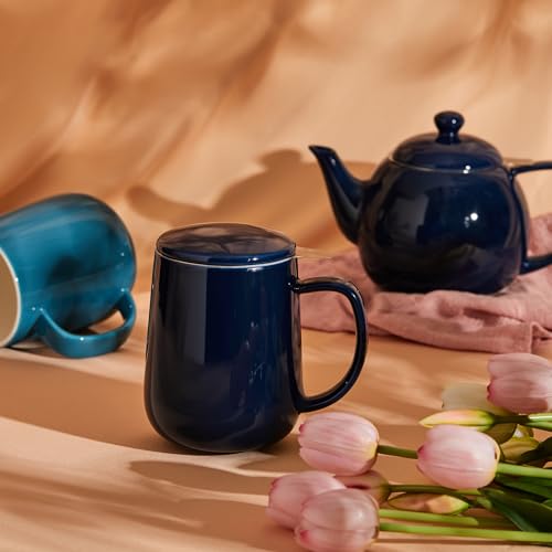 20oz Porcelain Teacup with Infuser and Lid (Dark Blue)