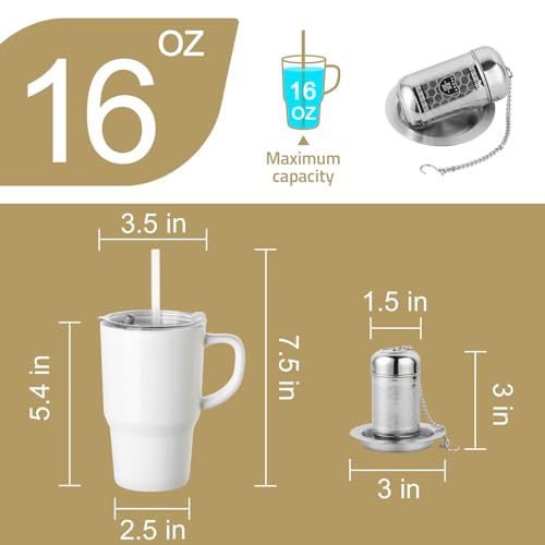 Sweejar Ceramic Tea Cup with Lid (White / Travel Cup(16 Fl Oz))