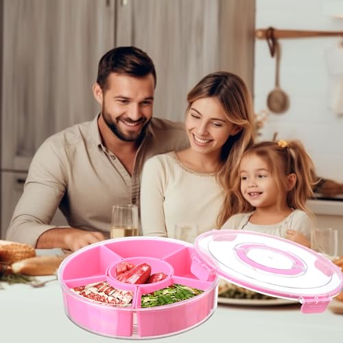 Divided Rotating Serving Tray with Lid and Handle (Pink)