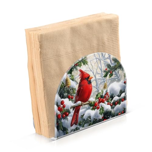 Red Cardinal Christmas Napkin Holder for Table Paper Napkins Holder Acrylic Tissue Dispenser Kitchen Dining Room Bathroom Party Car Decor (NH070 / 4.1x4.9x1.97in)