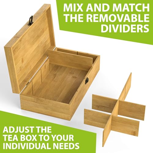 Bamboo Tea Organizer Box Chemical Free Eco (8-Slot Rectangular / Tea Leaf Stamp)