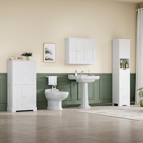 Laundry Cabinet with 3 Doors and Adjustable Shelves (White / 9.06"D x 31.1"W x 23.4"H)