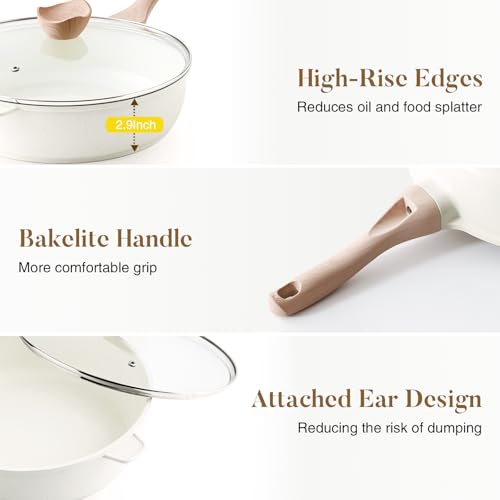Nonstick Ceramic Deep Frying Pan Skillet with Lid (Cream Ceramic / 10 Inch)