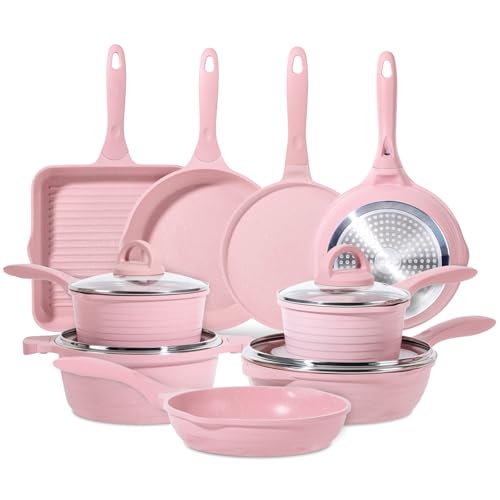 Pink Pots and Pans Set Nonstick 23pcs (23 pcs Pink)